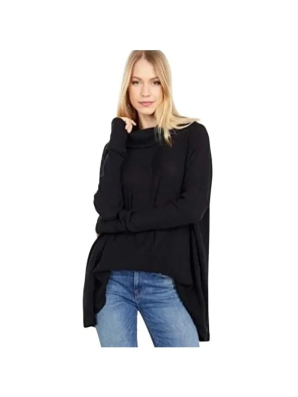 Free People Coastal Boho Beachy Oversized‎ Waffle Knit Top Split Back Blk M NWT